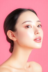 Portrait of a Woman with Radiant Skin Against a Pink Background