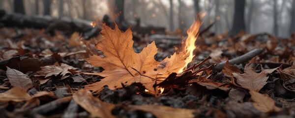 An oak leaf slowly succumbing to flames in a pile of brown leaves and smoldering wood , fire, flame