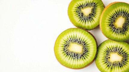 Fototapeta premium halved kiwi fruit with its bright green flesh and black seeds placed on clean white background with ample copy space