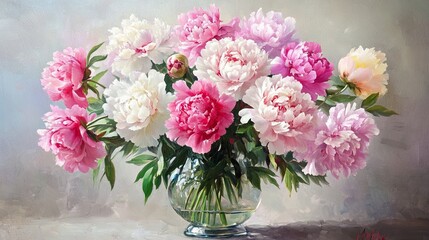 A fresh bouquet of peonies in a vase with a soft gray background