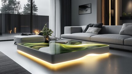Fototapeta premium Modern Minimalist Living Room with Futuristic LED Coffee Table and Cozy Sofa in a Stylish Open Space with Large Windows