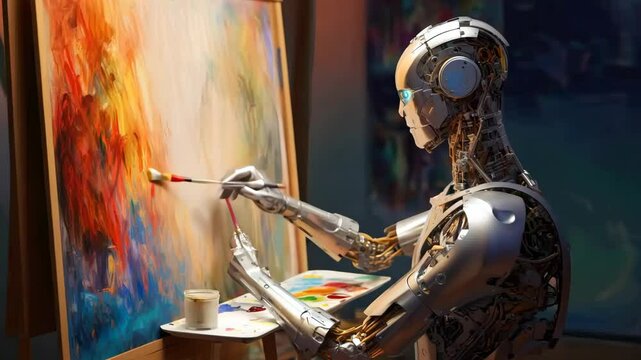 Metallic humanoid robot sitting in artist's studio, painting on canvas with a brush, concept of computer generated art