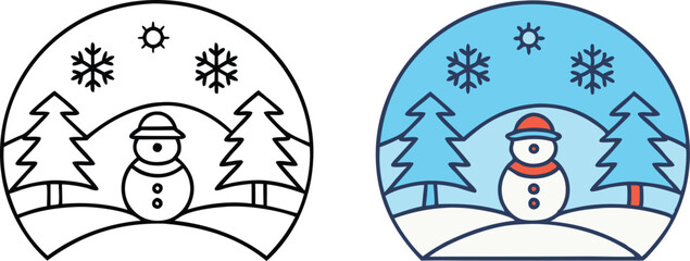 Winter Snowman Scene Line Art and Color Illustration