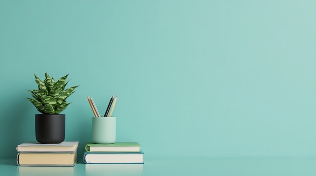Neatly Stacked Textbooks and Stationery on a Clean Student Desk with Green Wall Background for Educational and Study Themes
