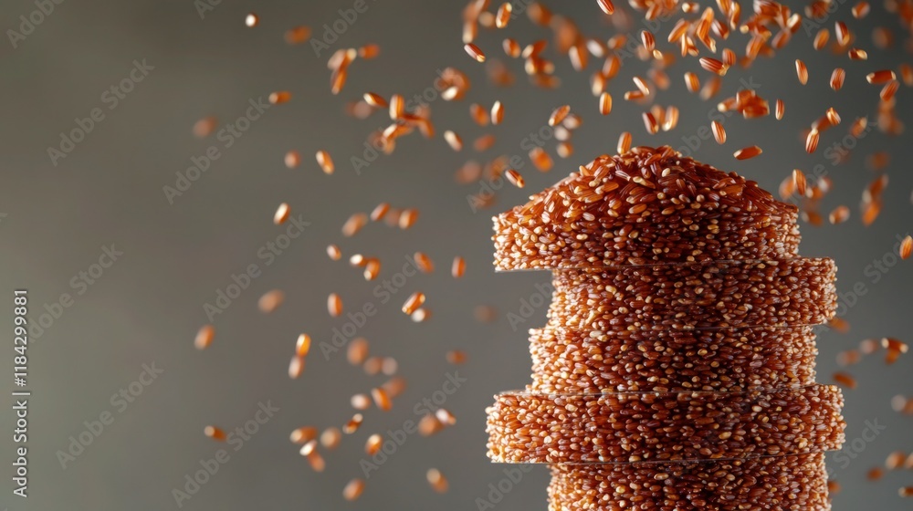 Wall mural a stack of uncooked red rice grains with dynamic falling grains in motion, captured against a neutra