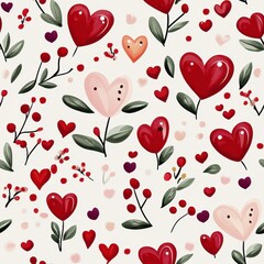 Cute and Colorful Heart seamless patterns with Red and Pink Flowers on a Soft Light Background for Romantic Designs