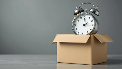 A Silver Alarm Clock Sits Atop a Light Brown Cardboard Box Against a Gray Background