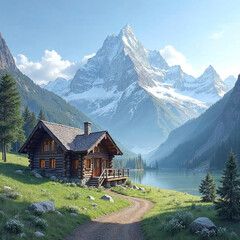 A cabin is nestled in the mountains, with a path leading to it. The cabin is surrounded by trees and a lake, creating a peaceful and serene atmosphere