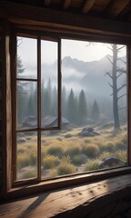 Rustic cabin window looking out at a misty morning in the mountains, scenery, mountains