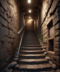 Obraz premium Stone staircase leading to a hidden underground chamber , stone-staircase, old-stone-walls, secret-passage