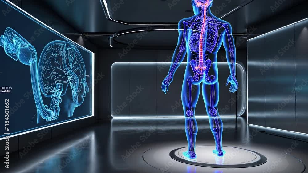 Poster exploring human anatomy through interactive 3d visualization in a futuristic lab environment