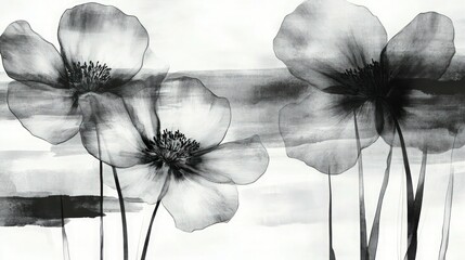 A striking black-and-white watercolor design with oversized x-ray flowers layered in the foreground. The background features bold ink brush strokes. 
