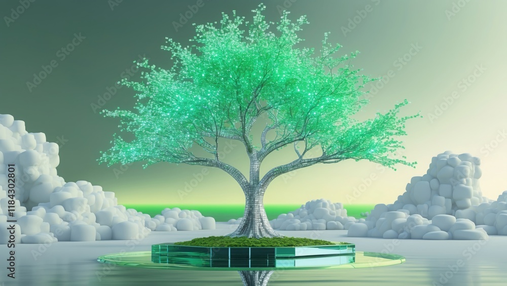 Poster a surreal, glowing tree stands on a reflective surface, surrounded by clouds, creating an ethereal a