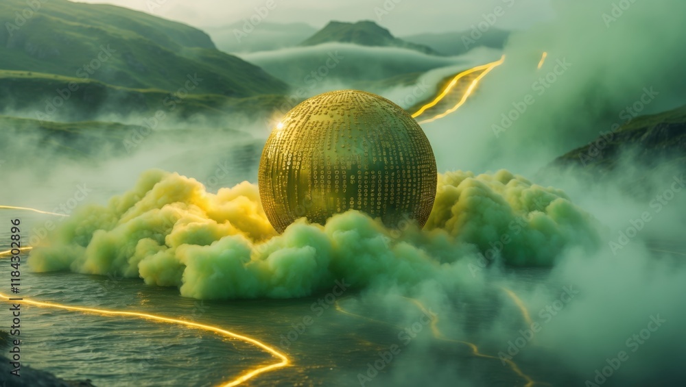 Aufkleber a surreal scene features a glowing golden sphere surrounded by green mist and illuminated paths in a