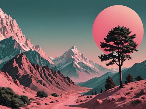 wallpaper representing a landscape with trees and mountains with a pink sun in the background. Together with pastel colors.