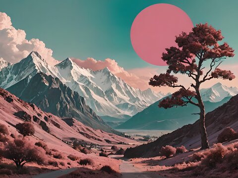 wallpaper representing a landscape with trees and mountains with a pink sun in the background. Together with pastel colors.