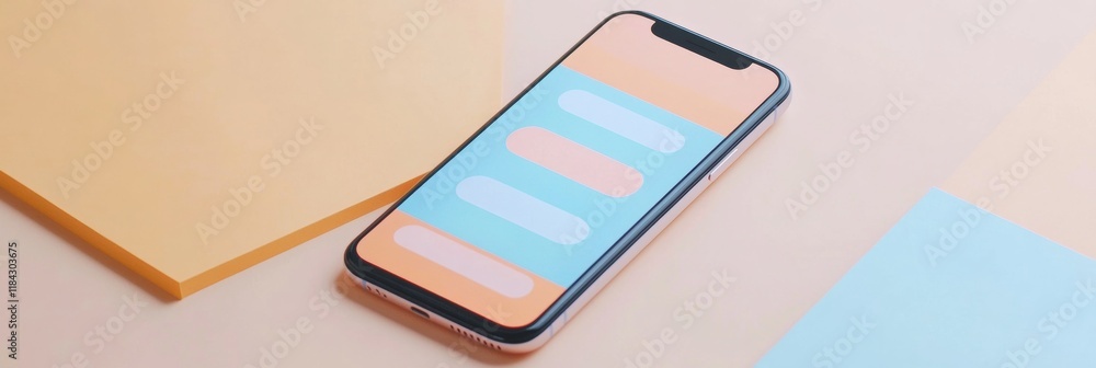 Aufkleber Modern smartphone displaying a messenger chat with vibrant colors and minimalist design on a soft surface. Generative AI