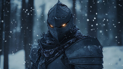 A knight ascending a crumbling staircase in the cathedral, his silhouette stark against the fiery sky outside.