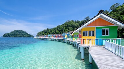 Fototapeta premium Colorful Overwater Bungalows Tropical Island Getaway