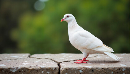 Fototapeta premium White pigeon standing on a stone ledge against a blurred green background, Day of Remembrance for the Victims Genocide in World War II