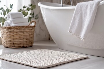 Close-up of a woven bathroom mat in front of a freestanding bathtub. White bathroom with a basket of towels, emphasizing cleanliness and comfort.