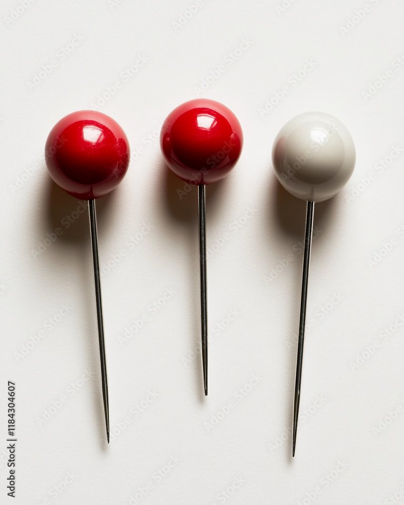 Poster three colorful push pins on a clean white background