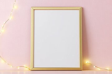 minimalist golden frame with no content leaning against pastel pink wall