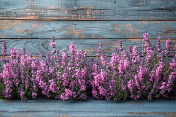 Fototapeta premium lavender growing in front of an old wooden fence painted blue with scuff marks. 