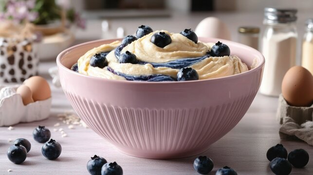 A ceramic mixing bowl in pastel pink holding muffin batter swirled with juicy blueberries, set against a cozy kitchen background with soft lighting .