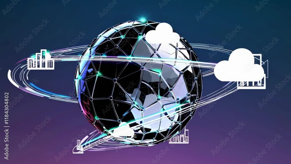 Poster exploring the digital universe with interconnected nodes and dynamic structures in a futuristic sett