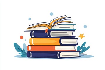 Stacked books with an open cover, inviting readers to explore stories and knowledge in a colorful illustration
