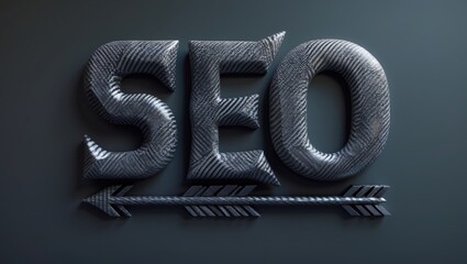 A textured 3D representation of "SEO" with a stylized arrow, emphasizing search engine optimization.