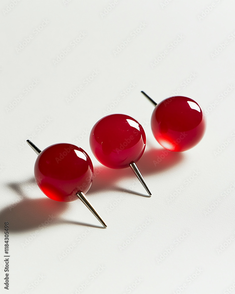 Poster three red push pins arranged diagonally on a white surface with shadows