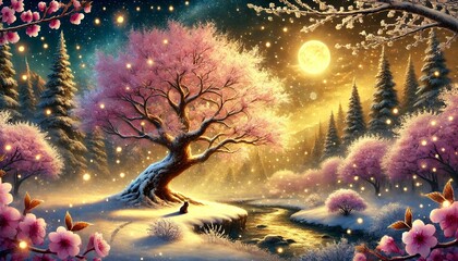 A serene and magical nighttime landscape featuring a snow-covered cherry tree with blossoms, under golden moonlight