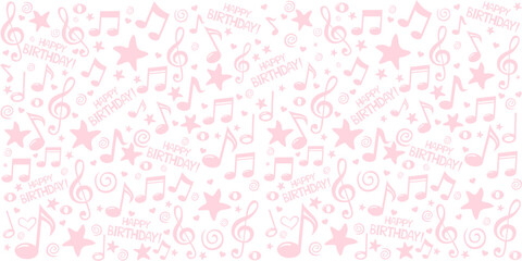 Happy birthday! Seamless yellow pattern wallpaper of colorful musical notes, gift box, stars, hearts. Horizontal posters, greeting cards, header, website. vector Illustration