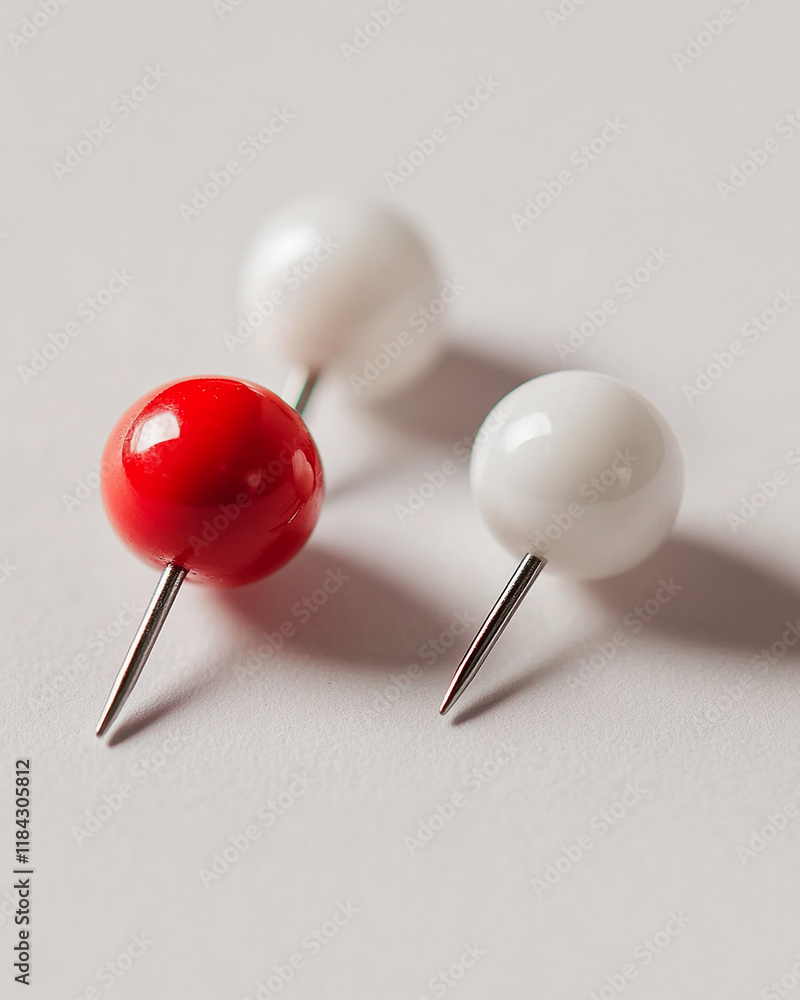 Poster push pins with red and white heads on a textured white surface