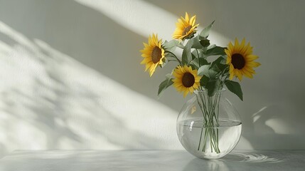 A clear glass vase with a bouquet of sunflowers placed on a light gray table