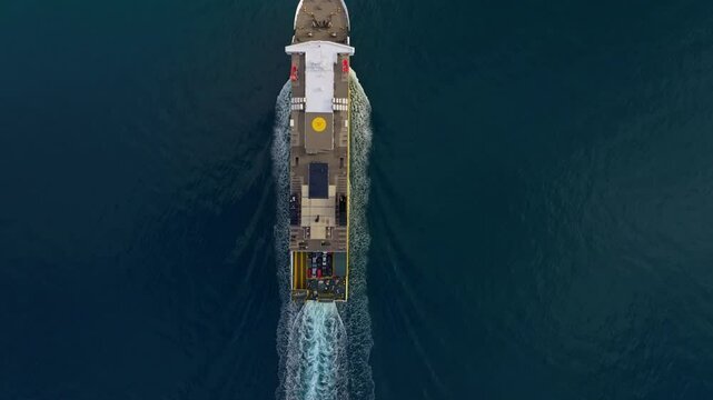 Aerial view of a beautiful ferry on the blue Ionian Sea with a perspective of Zakynthos, Kyllini, Greece.