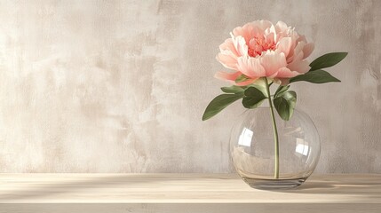 A clear glass vase with a single peony flower placed on a light wooden table