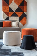 Geometric Plush Poufs in Modern Studio