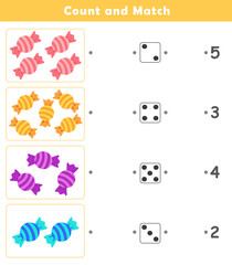 Count and Match Worksheet. Counting educational children game. Math kids activity sheet. How many counting game with cute candy illustration.
