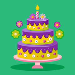 "Colorful Cartoon Birthday Cake with Three Tiers – Whimsical Party Dessert Illustration"

