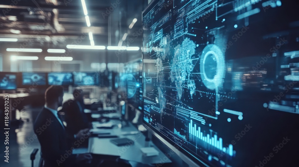 Poster global data monitoring center: a futuristic control room filled with high-tech screens displaying re