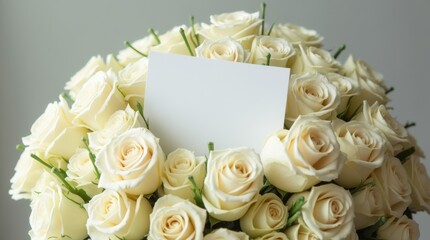 Obraz premium White roses bouquet with blank greeting card and free space for text