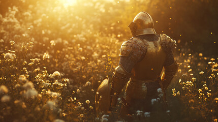 Fototapeta premium A knight cloaked in fog, his silhouette outlined against the dim twilight sky, standing with quiet resolve.