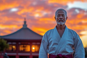 Fototapeta premium serene portrait of karate instructor standing in front of sunset-lit dojo symbolizing tradition and wisdom