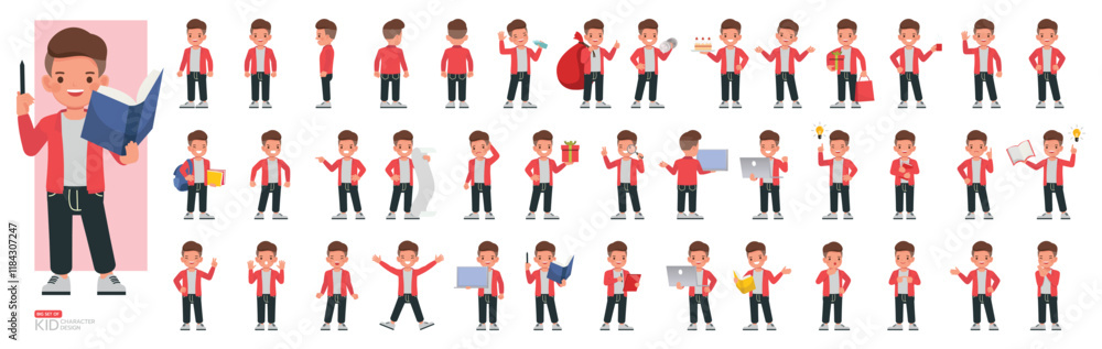 Poster set of kid character vector design. boy wear red jacket. presentation in various action with emotion