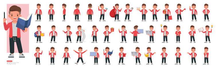 Set of kid character vector design. Boy wear red jacket. Presentation in various action with emotions, running, standing and walking.