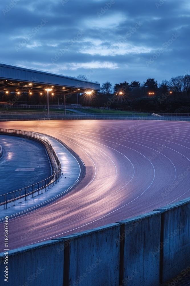 Aufkleber serene view of empty velodrome illuminated by soft lights with curves of track creating geometric be