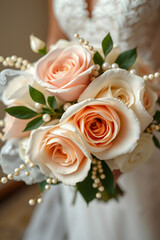 gorgeous Wedding bridal bouquet with pink and white roses and petals 
